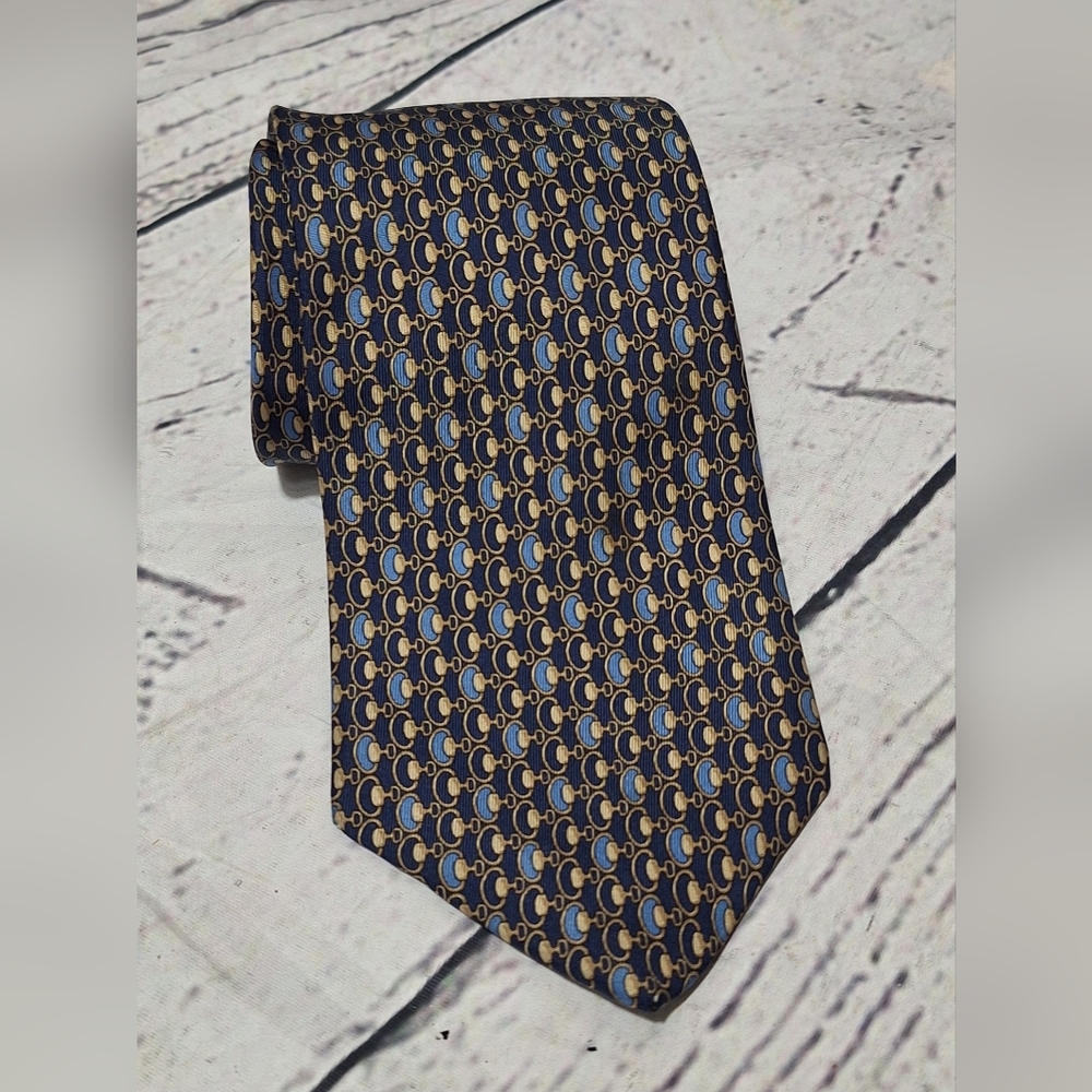 #954 Vintage 90s Burberry Burberrys 100% Silk Made In Italy Navy & Gold Tie
